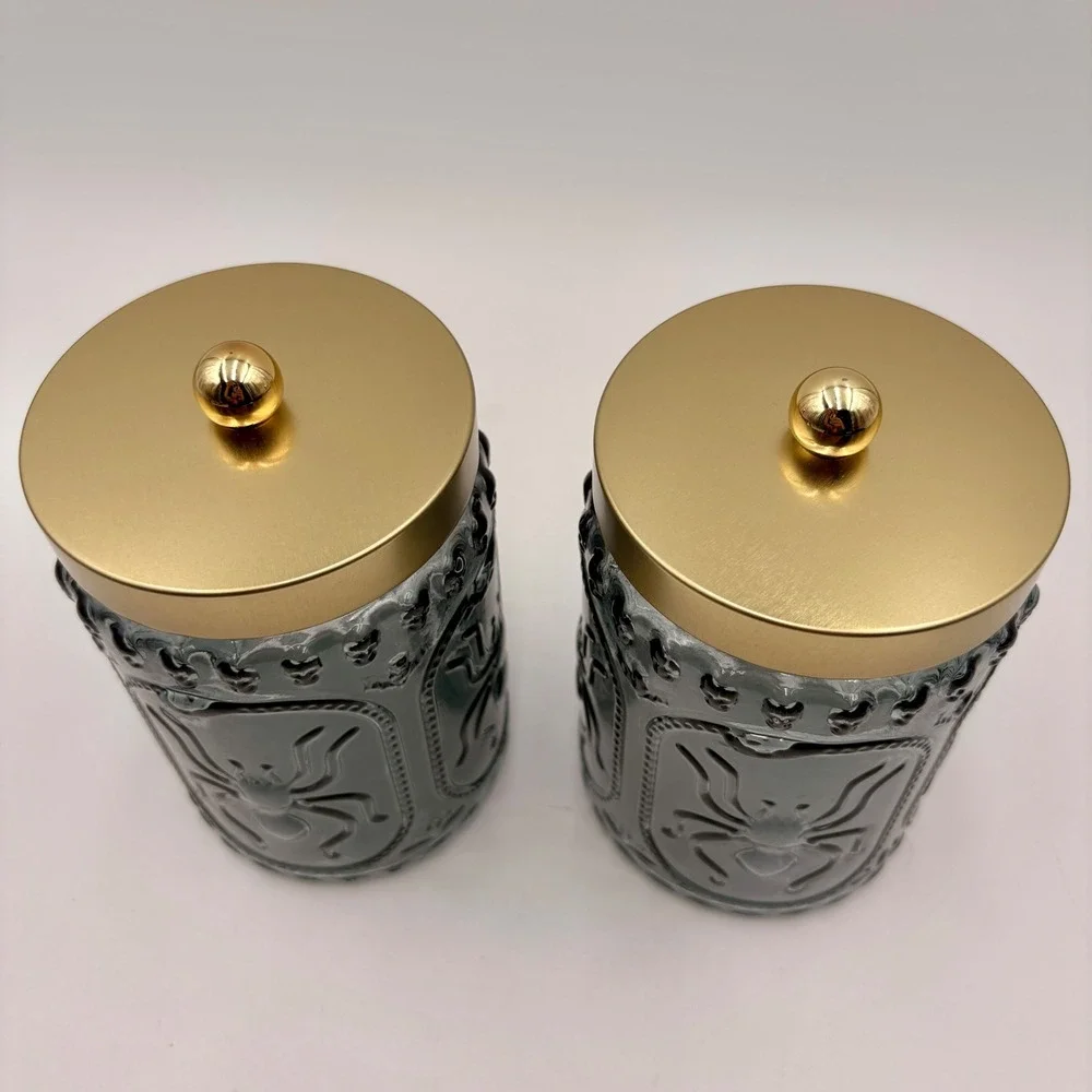 Cook With Color 2pc Glass Canister Set Spider Skull Gothic Gold Lid Halloween